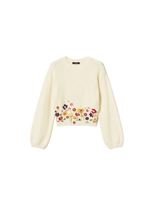 Maglia da donna, girocollo, ricamo floreale multicolor sullo sfondo avorio. TWINSET | 252AT312000282